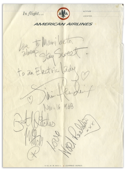 Jimi Hendrix Experience Signatures -- Perhaps the Best Signatures of the Group Ever Available, With Jimi Writing, ''to an Electric lady / Jimi Hendrix'' -- With Roger Epperson COA